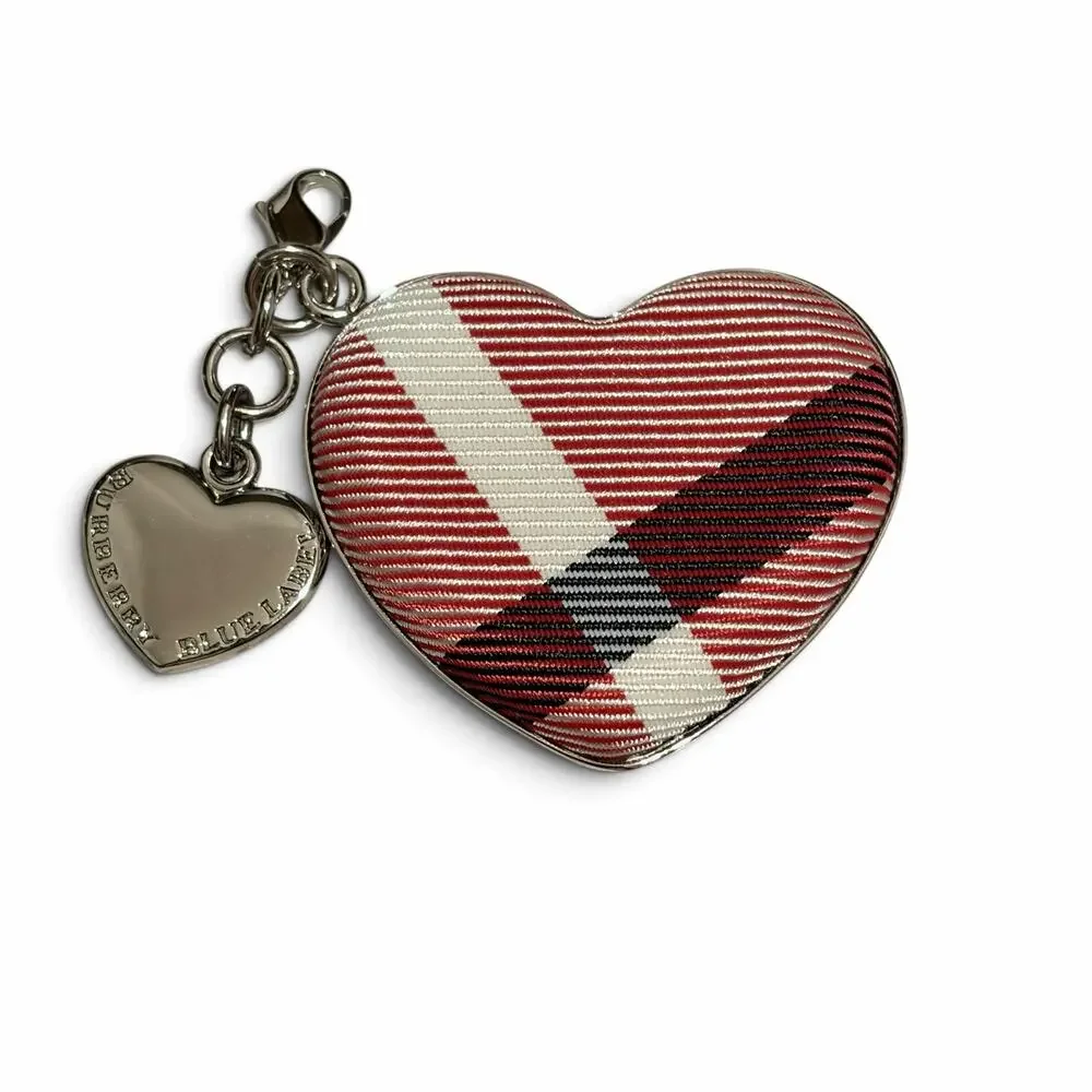 Burberry Blue Label Nova Check Heart Bag Charm Keychain Silver Tone Fob